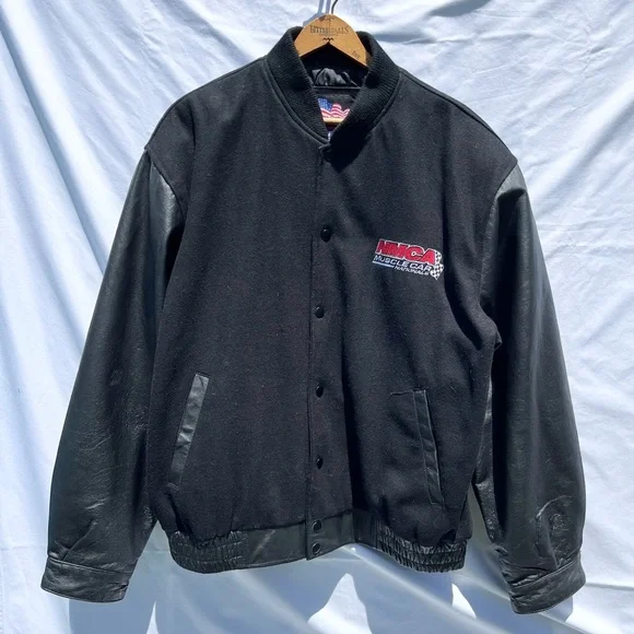 Vintage NMCA Muscle Car Leather & Wool Black Bomber Varsity Coat Jacket Size XL